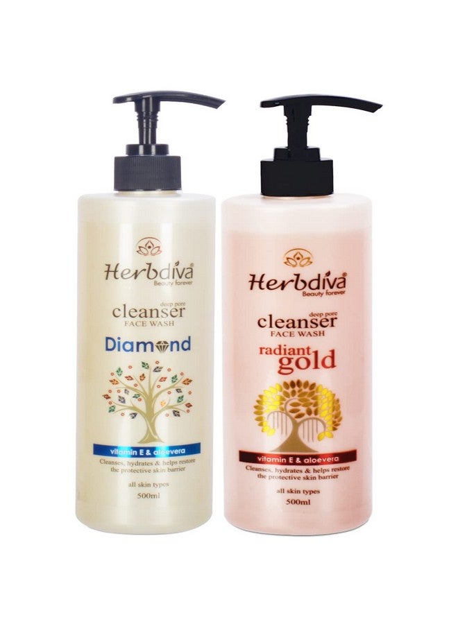 هيربيفا غسول الوجه المنظف من Diamond & Gold، 500 مل لكل منهما | ينظف البشرة ويرطبها ويساعد على استعادة حاجز الحماية للبشرة | غني بالألوفيرا وفيتامين E عبوة من قطعتين - Image 1