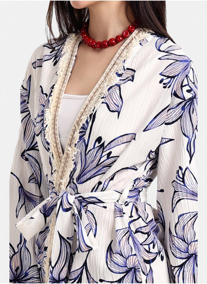 Carina Blue Flowers Kimono with Fringes  - Image 4