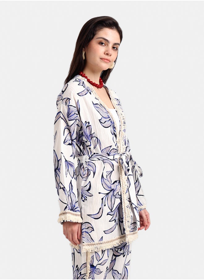 Carina Blue Flowers Kimono with Fringes  - Image 2