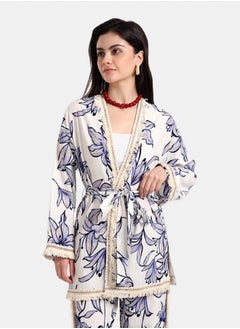 Carina Blue Flowers Kimono with Fringes  - Image 1