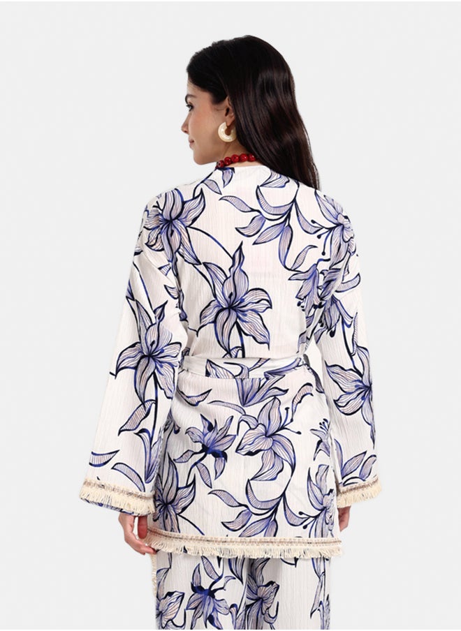 Carina Blue Flowers Kimono with Fringes  - Image 3