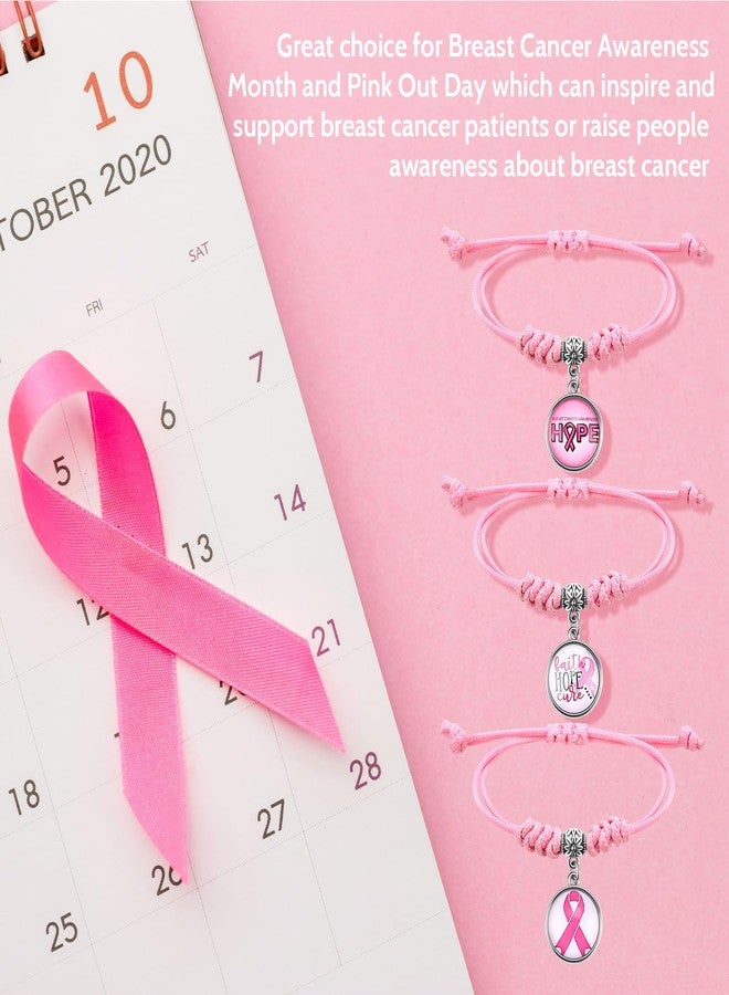 Hotop 24 Pcs Breast Cancer Awareness Bracelets Adjustable Braided Rope Bracelet with Pink Ribbon Element Charms for Women Breast Cancer Awareness Month Gifts Pink Out Day Supplies, 3 Styles - Image 4