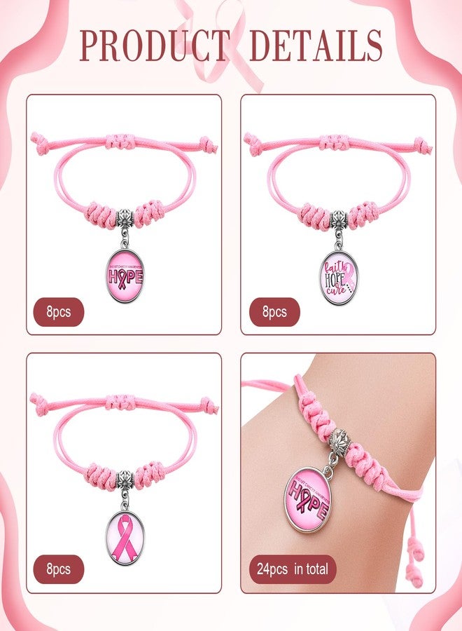 Hotop 24 Pcs Breast Cancer Awareness Bracelets Adjustable Braided Rope Bracelet with Pink Ribbon Element Charms for Women Breast Cancer Awareness Month Gifts Pink Out Day Supplies, 3 Styles - Image 2