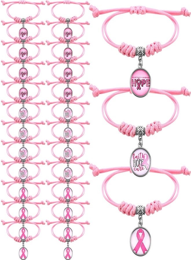 Hotop 24 Pcs Breast Cancer Awareness Bracelets Adjustable Braided Rope Bracelet with Pink Ribbon Element Charms for Women Breast Cancer Awareness Month Gifts Pink Out Day Supplies, 3 Styles - Image 1