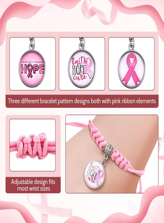 Hotop 24 Pcs Breast Cancer Awareness Bracelets Adjustable Braided Rope Bracelet with Pink Ribbon Element Charms for Women Breast Cancer Awareness Month Gifts Pink Out Day Supplies, 3 Styles - Image 3