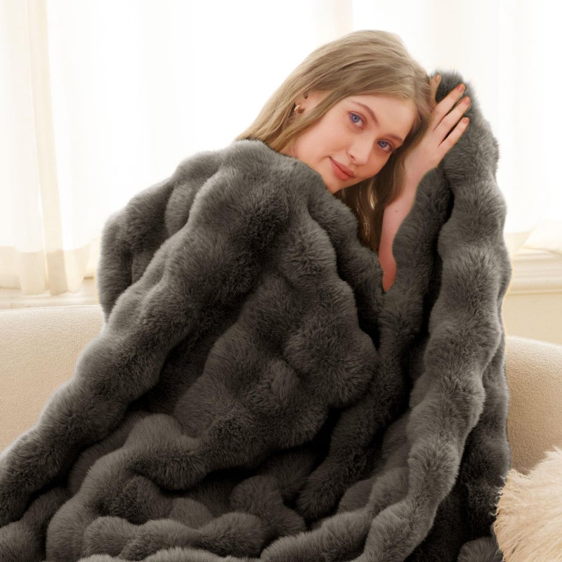 blunique Ultra Soft Cozy Faux Fur Throw Blanket-Fuzzy Plush Thick Bubble Blanket  Fluffy Blanket for Couch  Bed  and Living Room  50x60 Inches  Dark Grey Taupe - Image 2
