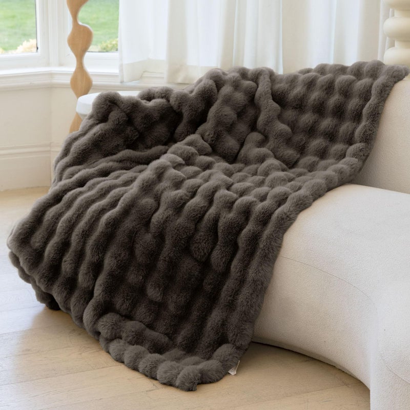 blunique Ultra Soft Cozy Faux Fur Throw Blanket-Fuzzy Plush Thick Bubble Blanket  Fluffy Blanket for Couch  Bed  and Living Room  50x60 Inches  Dark Grey Taupe - Image 1
