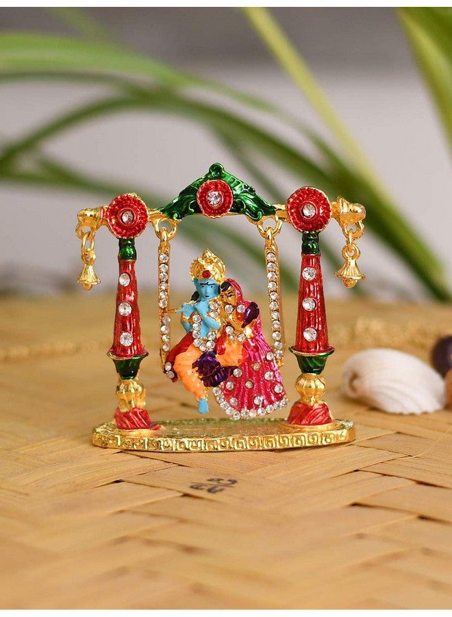 Collectible India Radha Krishna Idol on Jhula Metal Statue for Car Dashboard | Mandir Pooja Murti | Temple Puja | Home Decor | Office Showpiece Diwali Gifts. - Image 1