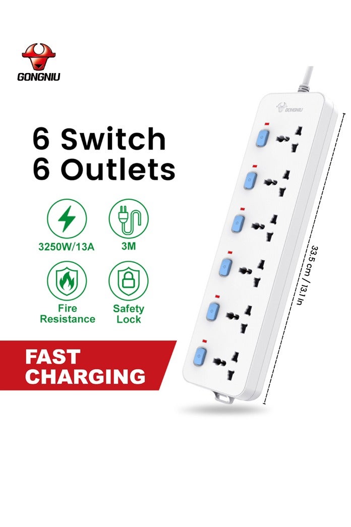 غونغنيو سلك تمديد عالمي متعدد المقابس بطول 3 متر – مشترك كهرباء بـ6 منافذ و6 مفاتيح فردية مع واقي من زيادة التيار – وصلة كهرباء للمكتب والمنزل - Image 2
