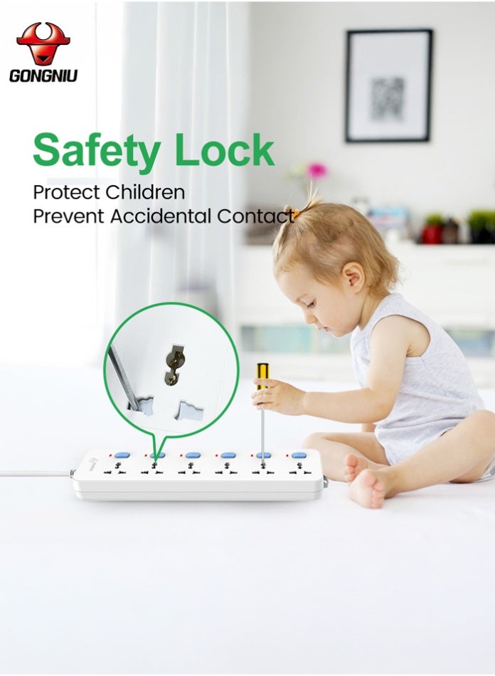 غونغنيو سلك تمديد عالمي متعدد المقابس بطول 3 متر – مشترك كهرباء بـ6 منافذ و6 مفاتيح فردية مع واقي من زيادة التيار – وصلة كهرباء للمكتب والمنزل - Image 4