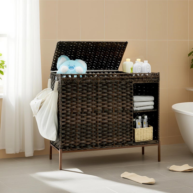 Gitelsnour Laundry Hamper with Lid, 130L(34.4 Gal) Rattan Laundry Hamper 3 Section with 50L (13.2 Gal) Storage Shelf, Wicker Woven Laundry Sorter Basket with 4 Liner Bags and Handles, Brown GLH003BR - Image 1