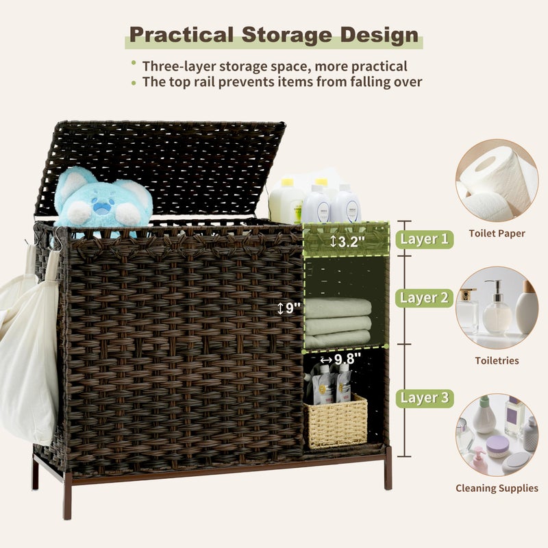 Gitelsnour Laundry Hamper with Lid, 130L(34.4 Gal) Rattan Laundry Hamper 3 Section with 50L (13.2 Gal) Storage Shelf, Wicker Woven Laundry Sorter Basket with 4 Liner Bags and Handles, Brown GLH003BR - Image 3