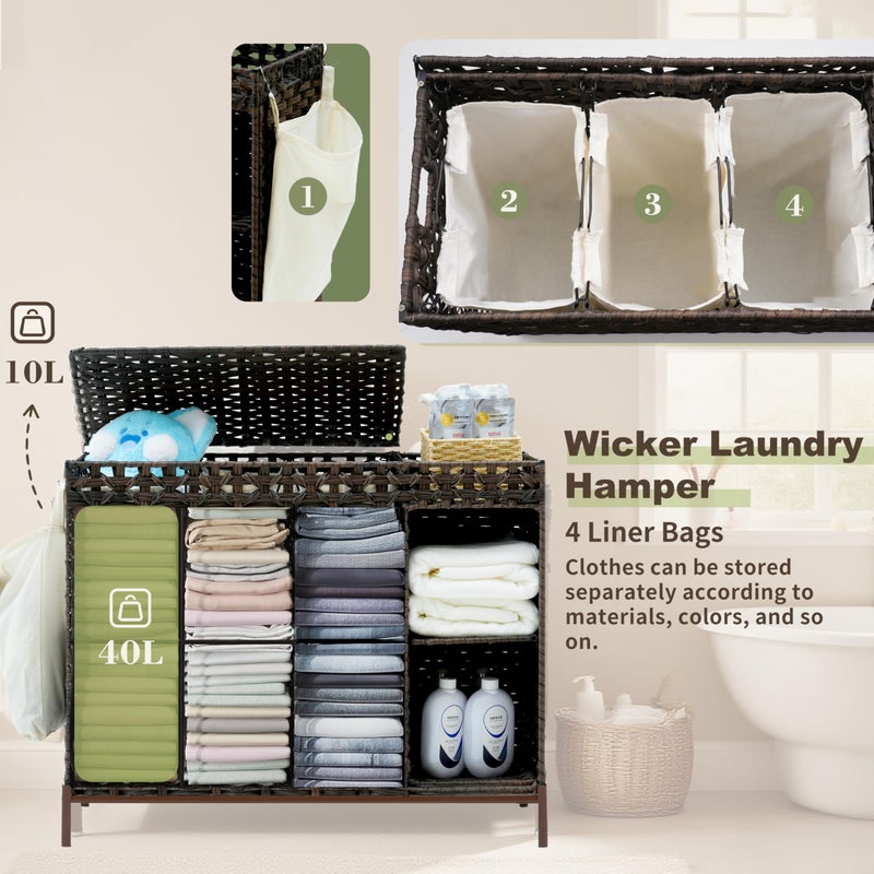 Gitelsnour Laundry Hamper with Lid, 130L(34.4 Gal) Rattan Laundry Hamper 3 Section with 50L (13.2 Gal) Storage Shelf, Wicker Woven Laundry Sorter Basket with 4 Liner Bags and Handles, Brown GLH003BR - Image 4