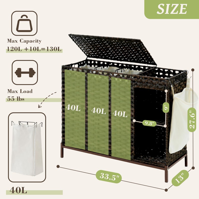 Gitelsnour Laundry Hamper with Lid, 130L(34.4 Gal) Rattan Laundry Hamper 3 Section with 50L (13.2 Gal) Storage Shelf, Wicker Woven Laundry Sorter Basket with 4 Liner Bags and Handles, Brown GLH003BR - Image 2