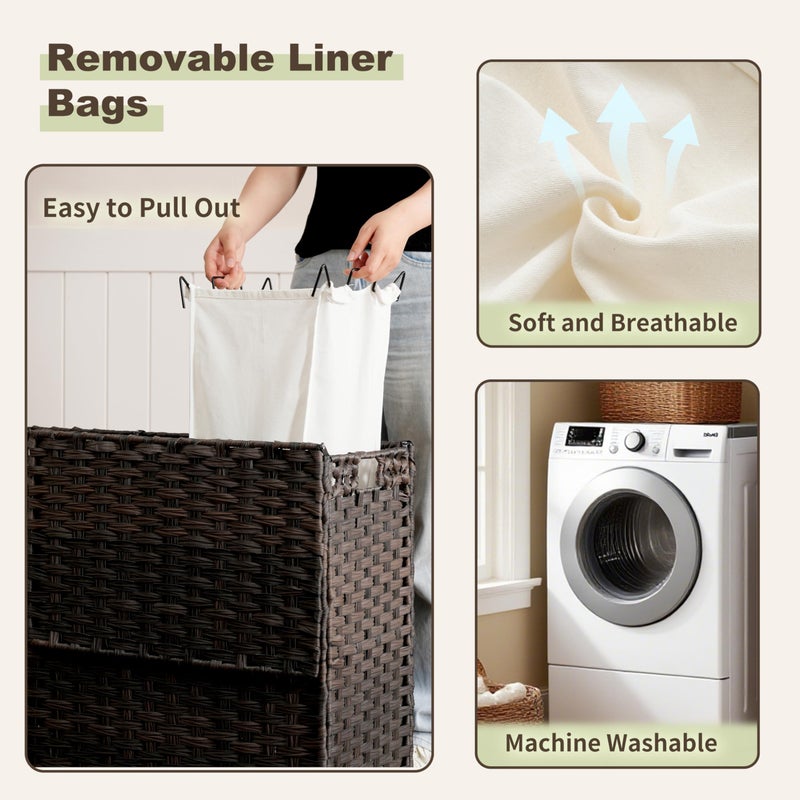 Gitelsnour Laundry Hamper with Lid, 130L(34.4 Gal) Rattan Laundry Hamper 3 Section with 50L (13.2 Gal) Storage Shelf, Wicker Woven Laundry Sorter Basket with 4 Liner Bags and Handles, Brown GLH003BR - Image 5