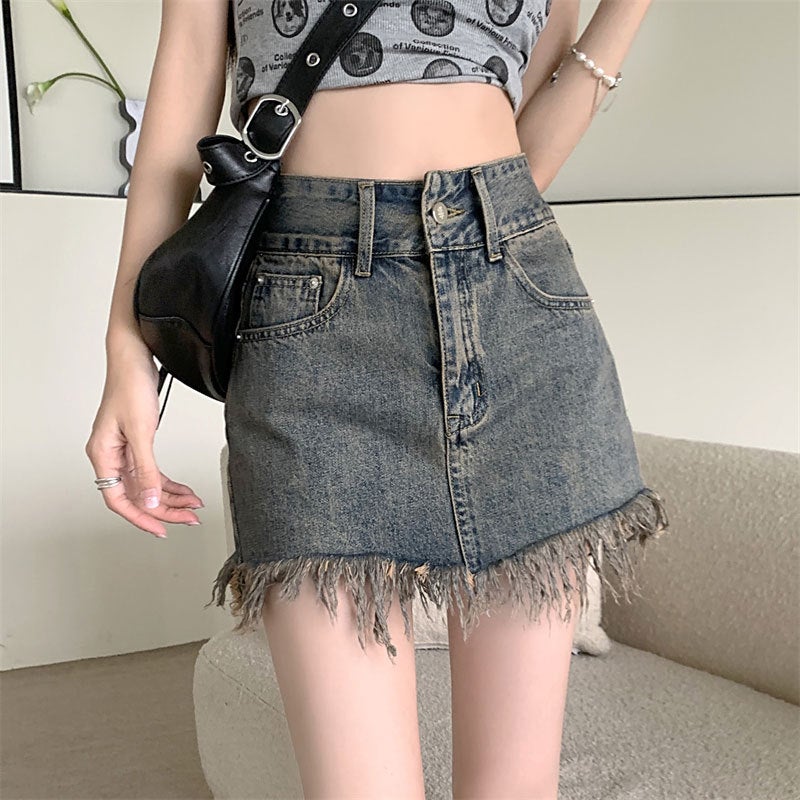 Vintage Blue Frayed Denim A-line Mini Skirt - Image 3
