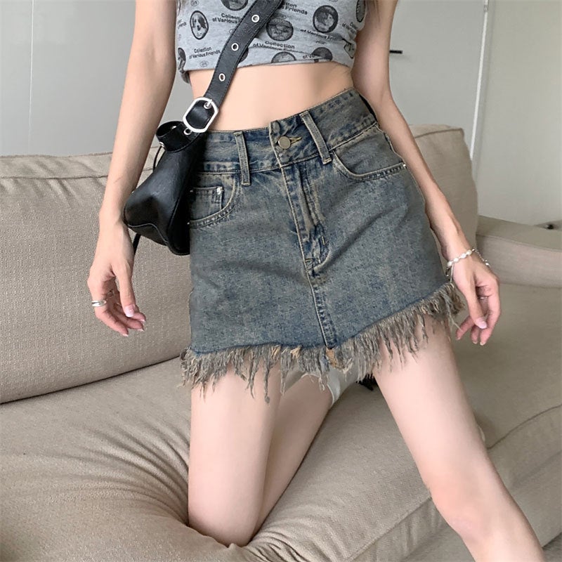 Vintage Blue Frayed Denim A-line Mini Skirt - Image 2