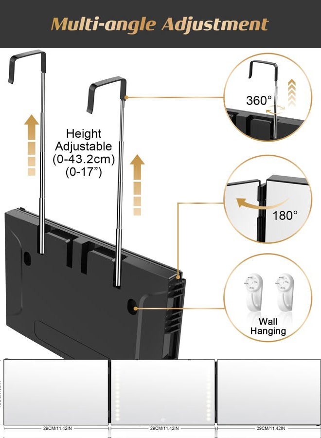 JUSRON 360 Viewing Angle Self Hair Cutting Mirror, Clear Anti-Fog HD Glass (Black with LED with Accessories) - Image 2
