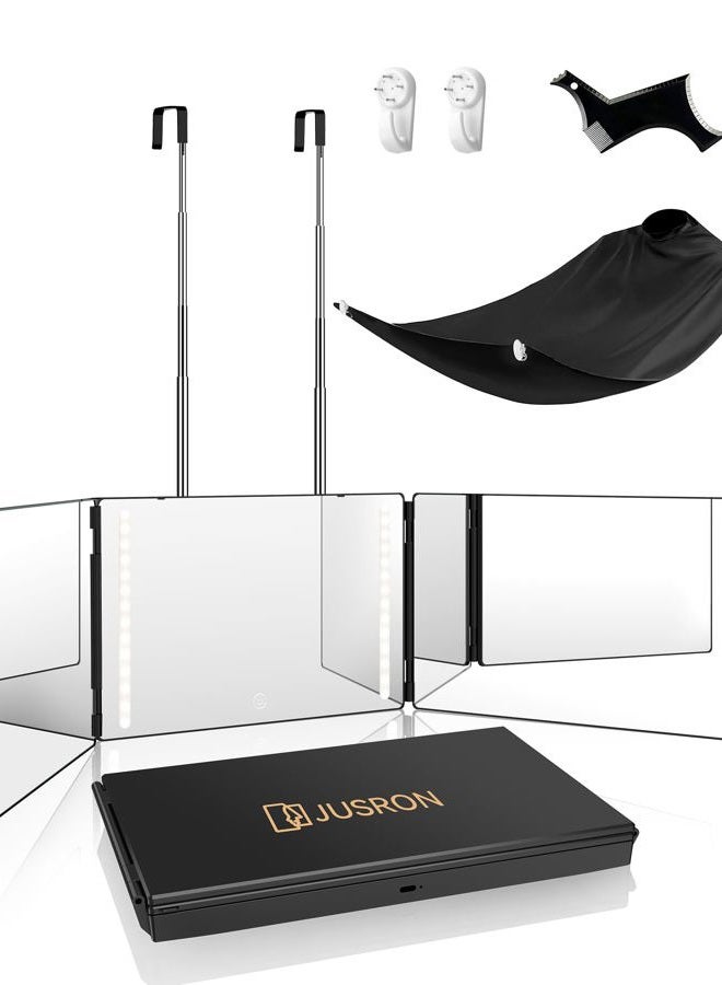 JUSRON 360 Viewing Angle Self Hair Cutting Mirror, Clear Anti-Fog HD Glass (Black with LED with Accessories) - Image 1