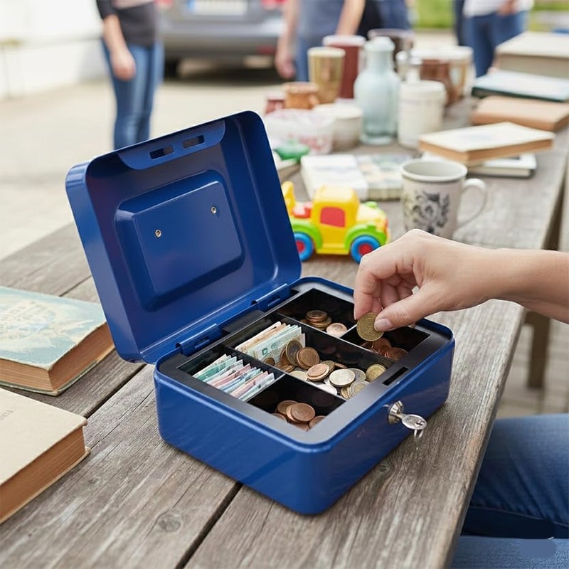 oddpod™ DL Metal Cash Box & Jewelry Safe Locker with Plastic Coin Tray & Key Lock - Medium (Blue) - Image 2