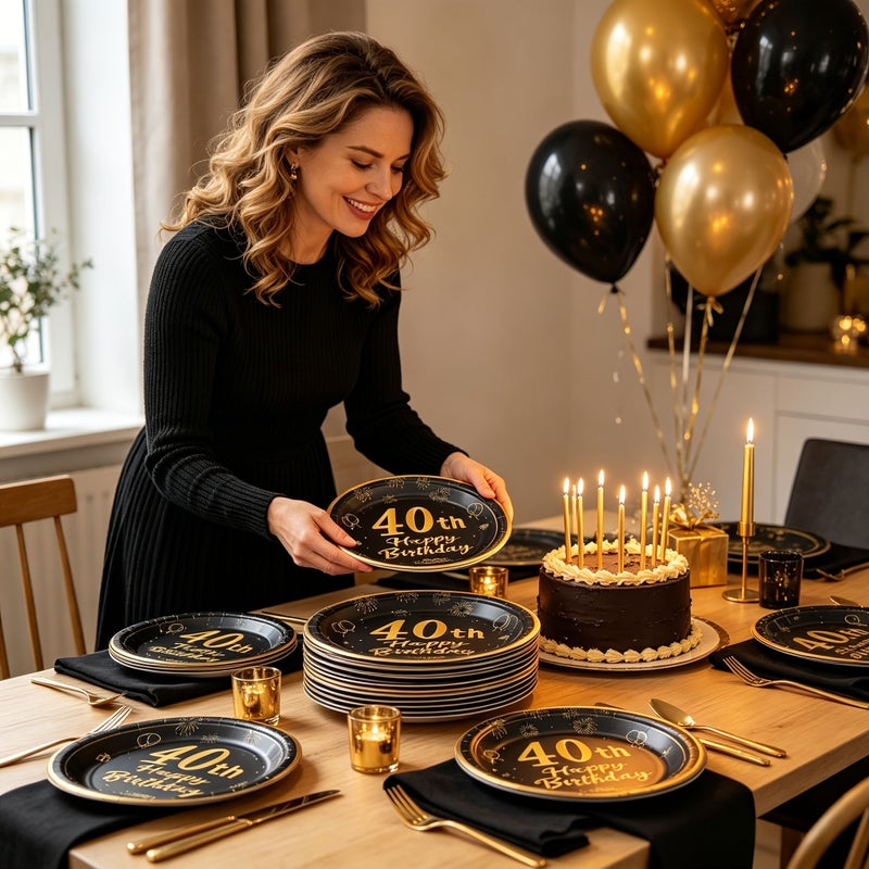 40th Birthday Party Plates 7 Inch 10pcs Black Golden Luxury Design Disposable Thickened Paper Plates Food Grade Material Gold Trim Cake Dessert Tableware For Birthday Anniversary Party - Image 5