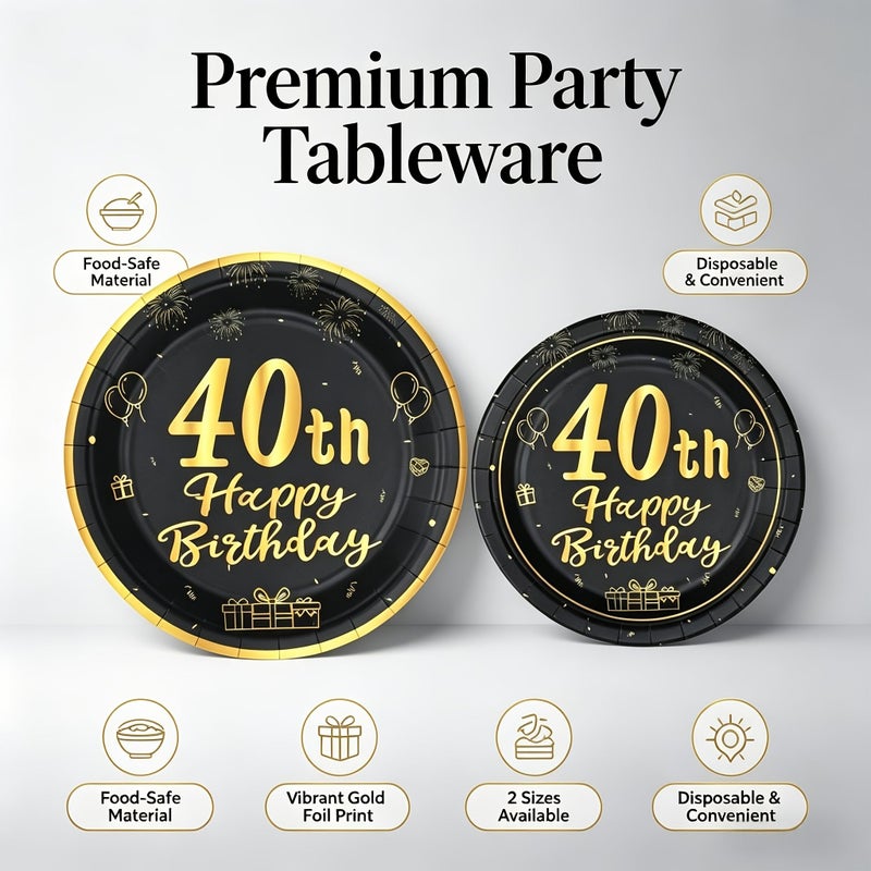 40th Birthday Party Plates 7 Inch 10pcs Black Golden Luxury Design Disposable Thickened Paper Plates Food Grade Material Gold Trim Cake Dessert Tableware For Birthday Anniversary Party - Image 2