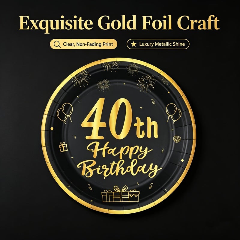 40th Birthday Party Plates 7 Inch 10pcs Black Golden Luxury Design Disposable Thickened Paper Plates Food Grade Material Gold Trim Cake Dessert Tableware For Birthday Anniversary Party - Image 4