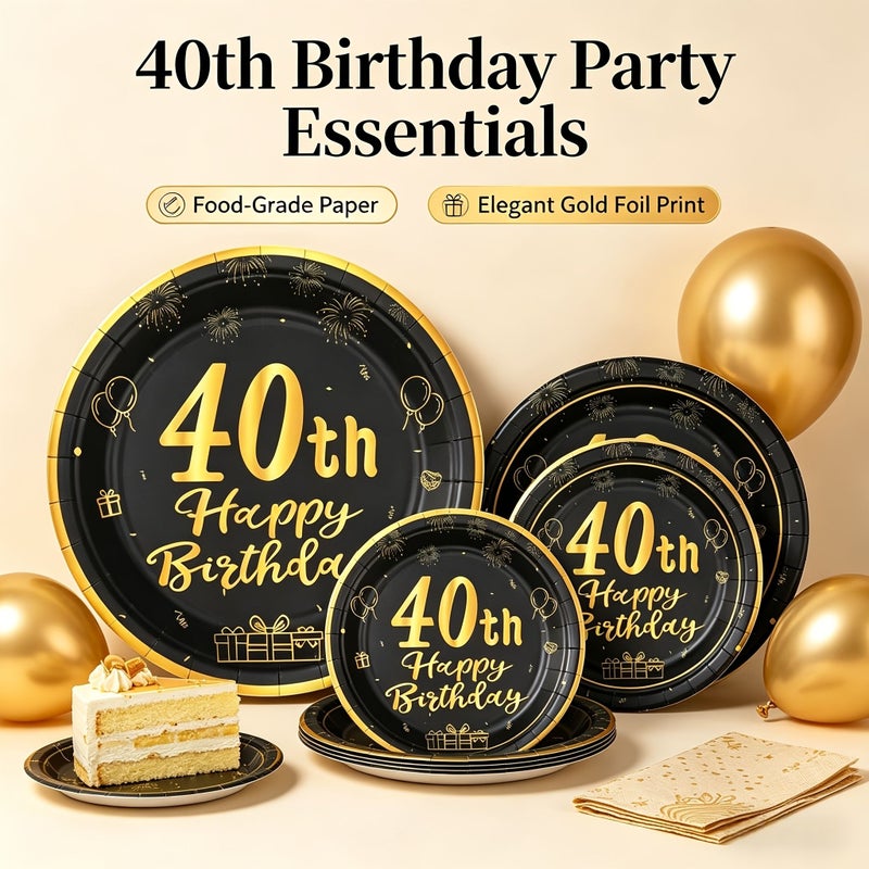 40th Birthday Party Plates 7 Inch 10pcs Black Golden Luxury Design Disposable Thickened Paper Plates Food Grade Material Gold Trim Cake Dessert Tableware For Birthday Anniversary Party - Image 1