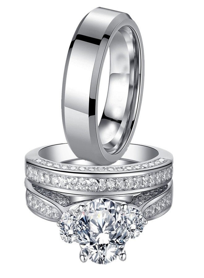 MABELLA His and Hers Wedding Ring Sets 3 Stone Womens Silver CZ Ring Set and Mens Stainless Steel Matching Wedding Band Women's Size 5 Men's Size 10 - Image 1