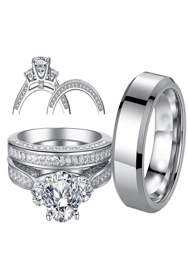MABELLA His and Hers Wedding Ring Sets 3 Stone Womens Silver CZ Ring Set and Mens Stainless Steel Matching Wedding Band Women's Size 5 Men's Size 10 - Image 4