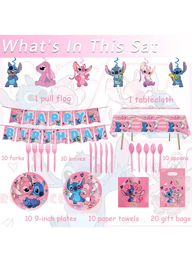pink party supplies including banner, 9-inch plates, knives, spoons, forks, paper towels, gift bags, tablecloths, and decorations! Comes with a cute pink patchwork print - Image 2