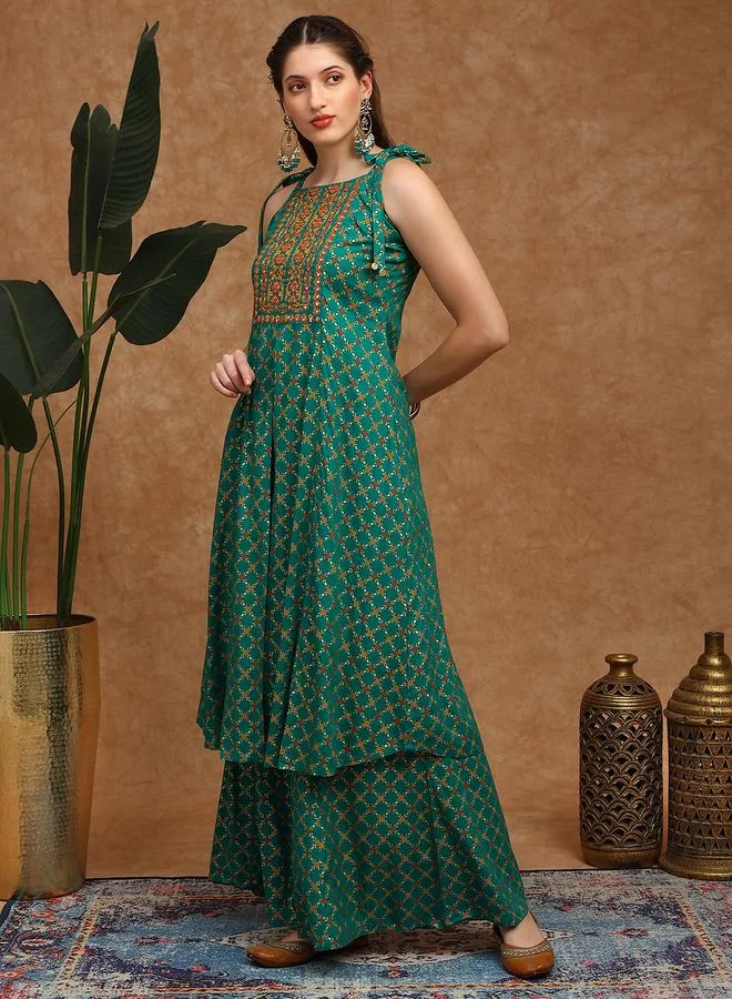 globus Women Green Tie-Up Shoulder Straps Embroidered Kurta and Palazzos Set