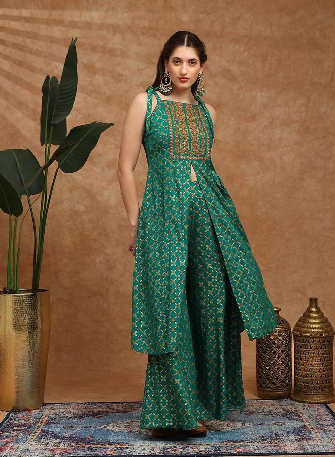 globus Women Green Tie-Up Shoulder Straps Embroidered Kurta and Palazzos Set