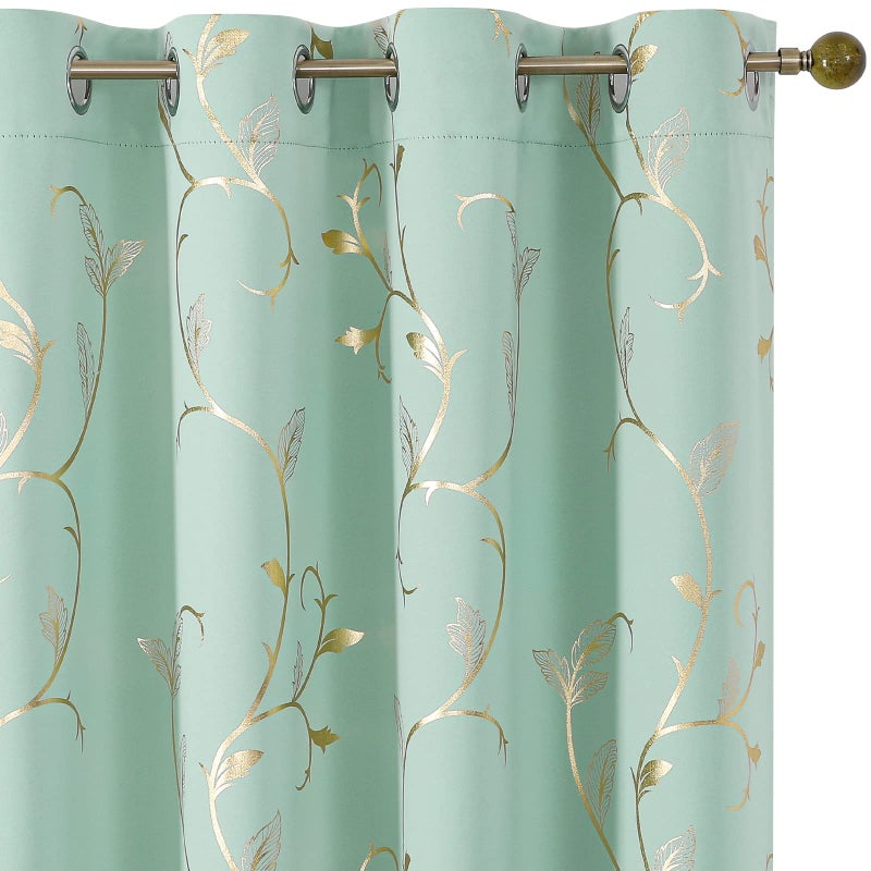 BUHUA Blackout Curtains 84 Inches Long, Gold Foil Print Pattern Room Darkening Curtain, Living Room Curtains & Drapes, Thermal Insulated Window Panel Set, 52 x 84 Inch, Aqua - Image 1