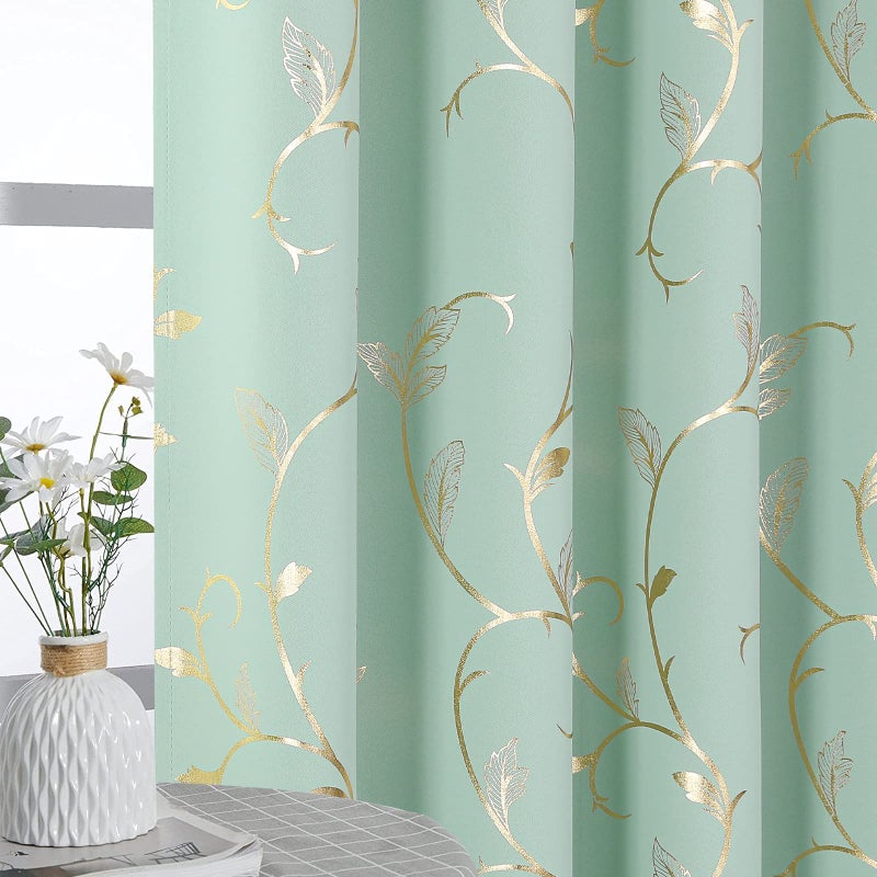 BUHUA Blackout Curtains 84 Inches Long, Gold Foil Print Pattern Room Darkening Curtain, Living Room Curtains & Drapes, Thermal Insulated Window Panel Set, 52 x 84 Inch, Aqua - Image 5