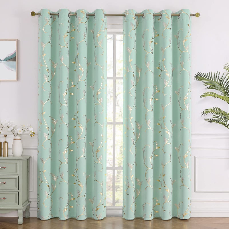 BUHUA Blackout Curtains 84 Inches Long, Gold Foil Print Pattern Room Darkening Curtain, Living Room Curtains & Drapes, Thermal Insulated Window Panel Set, 52 x 84 Inch, Aqua - Image 2
