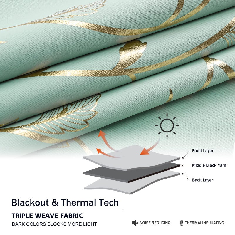 BUHUA Blackout Curtains 84 Inches Long, Gold Foil Print Pattern Room Darkening Curtain, Living Room Curtains & Drapes, Thermal Insulated Window Panel Set, 52 x 84 Inch, Aqua - Image 3