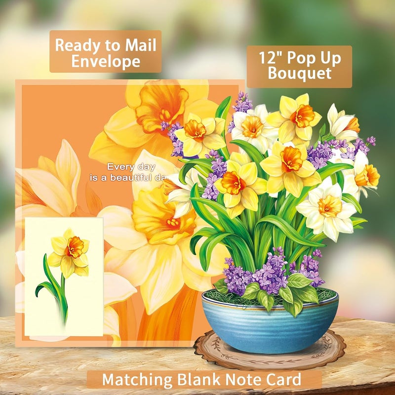 Airpark Pop Up Card Paper Flowers Bouquet, 3D Popup Greeting Cards with Note Card & Envelope, Birthday Cards Birthday Gifts Get Well Cards for Women Mom Wife, 14" Daffodils & Lilacs - Image 3