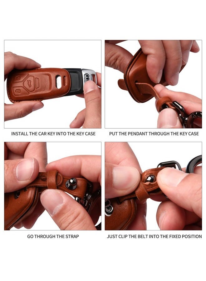 Tukellen for Audi Key Fob Cover Genuine Leather With Keychain,Leather Key Case Protector Compatible Audi A4 Q7 Q5 TT A3 A6 SQ5 R8 S5 smart key-Black - Image 5