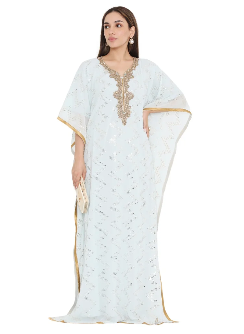 HANA & SARA ELEGANT GOLD STONE HAND BEADING STYLISH SHINY CHIFFON ARABIC KAFTAN JALABIYA DRESS