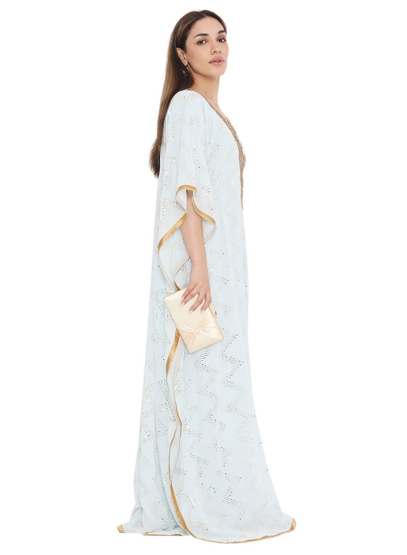 HANA & SARA ELEGANT GOLD STONE HAND BEADING STYLISH SHINY CHIFFON ARABIC KAFTAN JALABIYA DRESS  - Image 5