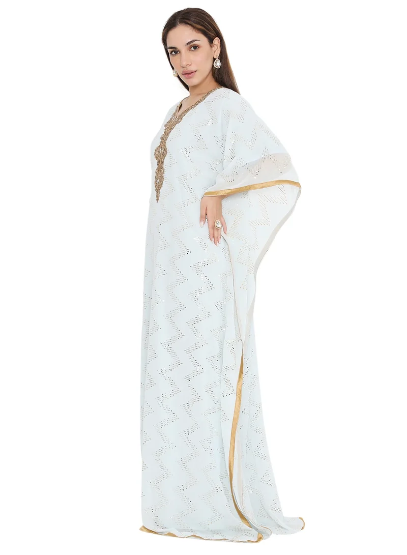 HANA & SARA ELEGANT GOLD STONE HAND BEADING STYLISH SHINY CHIFFON ARABIC KAFTAN JALABIYA DRESS