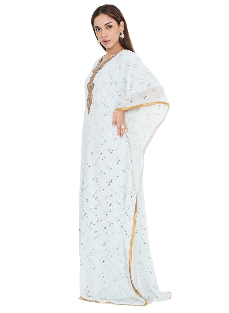HANA & SARA ELEGANT GOLD STONE HAND BEADING STYLISH SHINY CHIFFON ARABIC KAFTAN JALABIYA DRESS  - Image 4