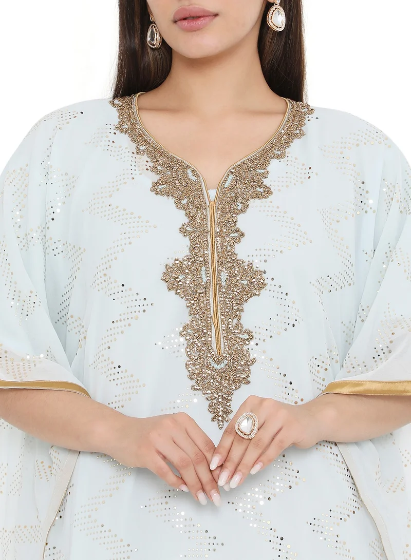 HANA & SARA ELEGANT GOLD STONE HAND BEADING STYLISH SHINY CHIFFON ARABIC KAFTAN JALABIYA DRESS