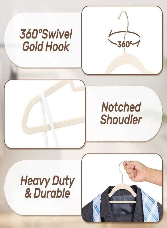 Sishynio Premium Velvet Hangers 30 Pack with Gold Hooks, Non-Slip, Space Saving Felt Clothes Hangers, Sturdy Slim Flocked Hanger for Dresses, Coats, Tie and Pants(Beige) - Image 2