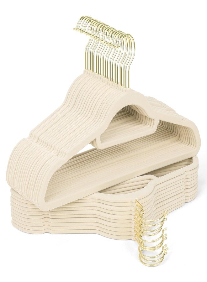 Sishynio Premium Velvet Hangers 30 Pack with Gold Hooks, Non-Slip, Space Saving Felt Clothes Hangers, Sturdy Slim Flocked Hanger for Dresses, Coats, Tie and Pants(Beige) - Image 1