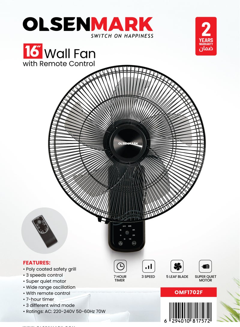 16-Inch Wall Fan with Remote Control, 5 Blades, Poly Coated Safety Grill, 3 Speed Control, Super Quiet Motor, High Air Flow & Wide Range Oscillation 70 W OMF1702F Black