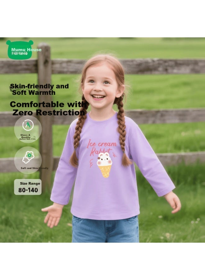 Mini Wooden House Children's Long Sleeve Spring And Autumn Boys And Girls Pure Cotton Crew Neck T-shirt Light Purple Ice Cream Rabbit 80 - Image 1