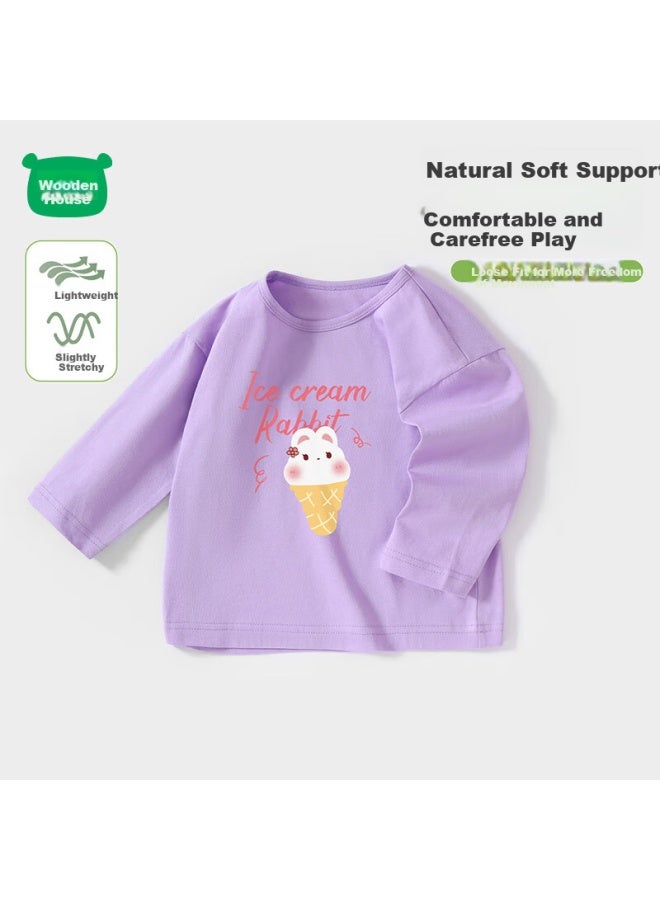 Mini Wooden House Children's Long Sleeve Spring And Autumn Boys And Girls Pure Cotton Crew Neck T-shirt Light Purple Ice Cream Rabbit 80 - Image 2