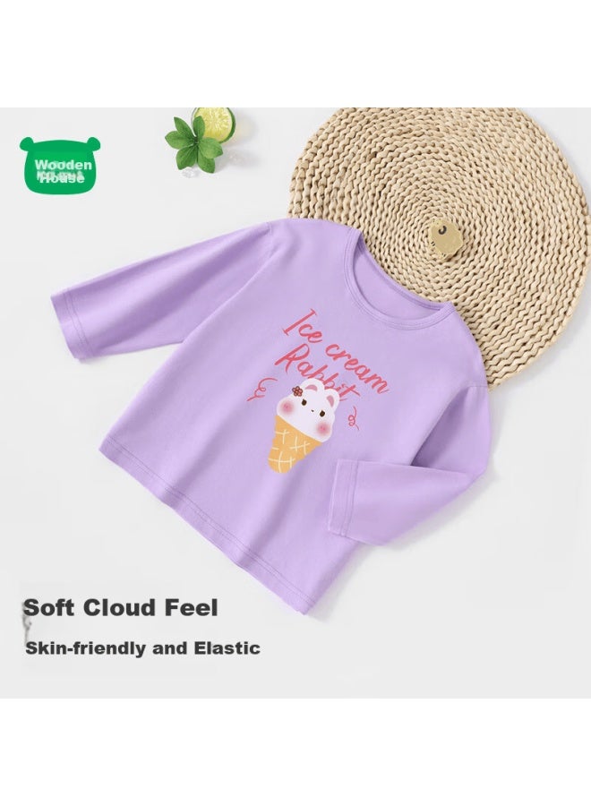Mini Wooden House Children's Long Sleeve Spring And Autumn Boys And Girls Pure Cotton Crew Neck T-shirt Light Purple Ice Cream Rabbit 80 - Image 3